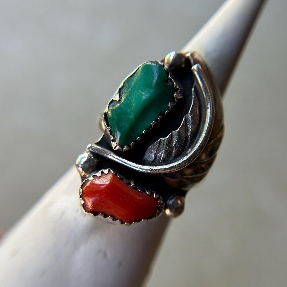 Sterling Silver Turquoise + Coral Stamped  Ring - Size 5.5